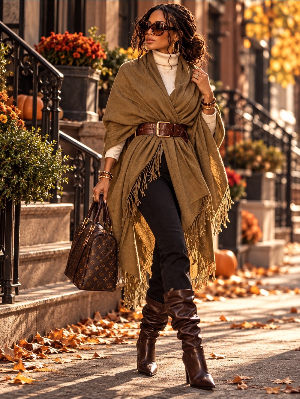 Brown Cashmere Silk Pashmina Shawl Wrap Fringe Oversized
